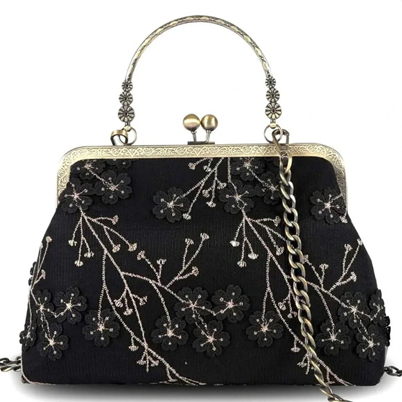 Evening Floral Top Handle Shoulder Handbag Black Gold Chain Vintage Look - Picture 1 of 11